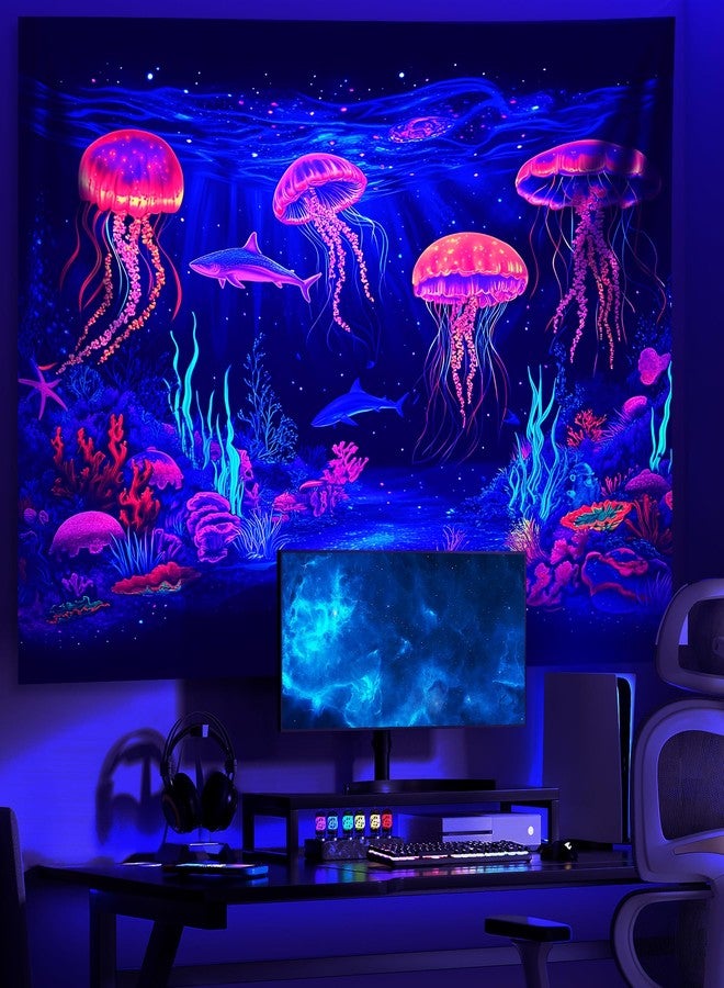 AOHMPT Blacklight Tapestry, UV Reactive Blacklight Poster, Jellyfish Tapestry, Whale Undersea World Tapestries, Dolphin Wall Art for Bedroom, Bedroom and Living Room Wall Decoration 79L x 59W - Image 3